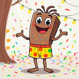 A charming illustrated character of a Brazilian Brigadeiro wearing colorful boxer shorts, with a playful smile and bright eyes, surrounded by colorful confetti