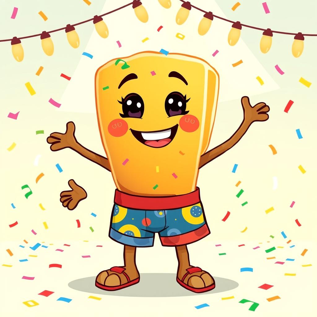 A charming illustrated character of a Brazilian Brigadeiro wearing colorful boxer shorts, with a playful smile and bright eyes, surrounded by colorful confetti