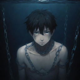 A distressed anime boy, his hand entangled in chains, submerged in the profound darkness of an underwater abyss, light barely piercing the surface above.