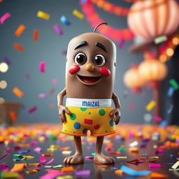 A 3D rendered character of a Brazilian Brigadeiro wearing colorful boxer shorts