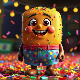 A 3D rendered character of a Brazilian Brigadeiro wearing colorful boxer shorts