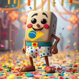 A 3D rendered character of a Brazilian Brigadeiro wearing colorful boxer shorts