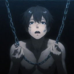 A distressed anime boy, his hand entangled in chains, submerged in the profound darkness of an underwater abyss, light barely piercing the surface above.