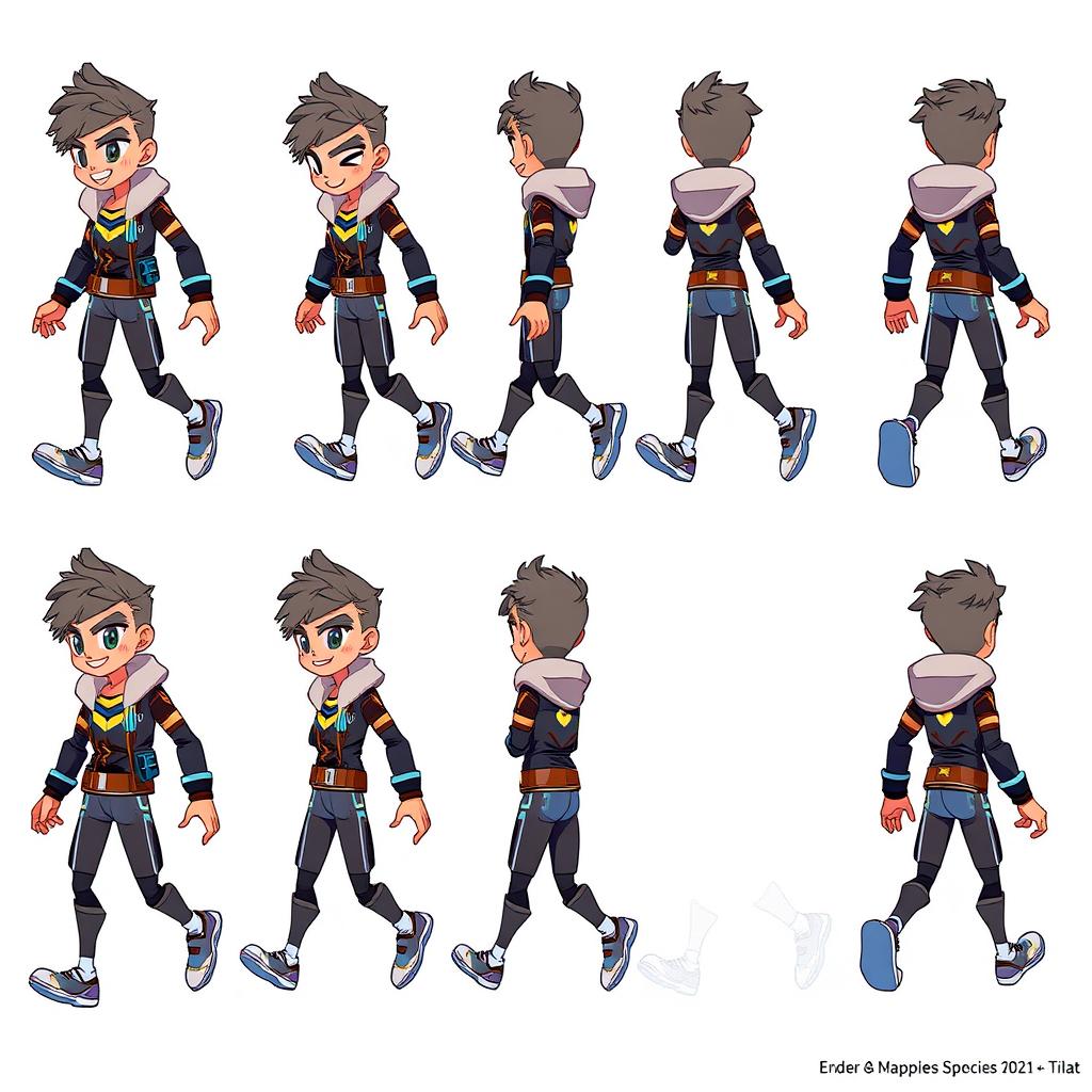 Character walking sprite sheet, featuring a dynamic and animated video game character, shown in a variety of walking poses from different angles