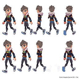 Character walking sprite sheet, featuring a dynamic and animated video game character, shown in a variety of walking poses from different angles