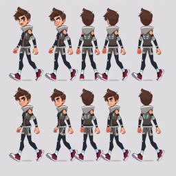 Character walking sprite sheet, featuring a dynamic and animated video game character, shown in a variety of walking poses from different angles