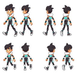 Character walking sprite sheet, featuring a dynamic and animated video game character, shown in a variety of walking poses from different angles