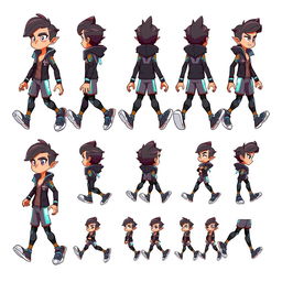 Character walking sprite sheet, featuring a dynamic and animated video game character, shown in a variety of walking poses from different angles