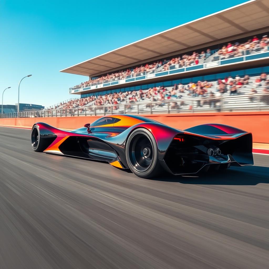 A sleek, futuristic race car speeding down a track, with vibrant colors and aerodynamic design