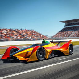 A sleek, futuristic race car speeding down a track, with vibrant colors and aerodynamic design