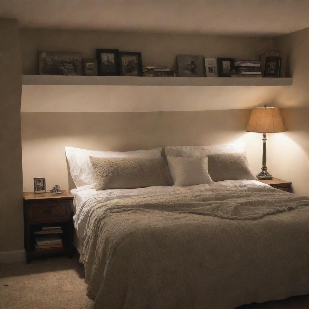 A small, cozy bedroom featuring a bed with a reading nook tucked beneath it, adorned with pillows, blankets, and dim lighting for an inviting look.