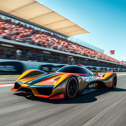 A sleek, futuristic race car speeding down a track, with vibrant colors and aerodynamic design