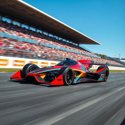 A sleek, futuristic race car speeding down a track, with vibrant colors and aerodynamic design