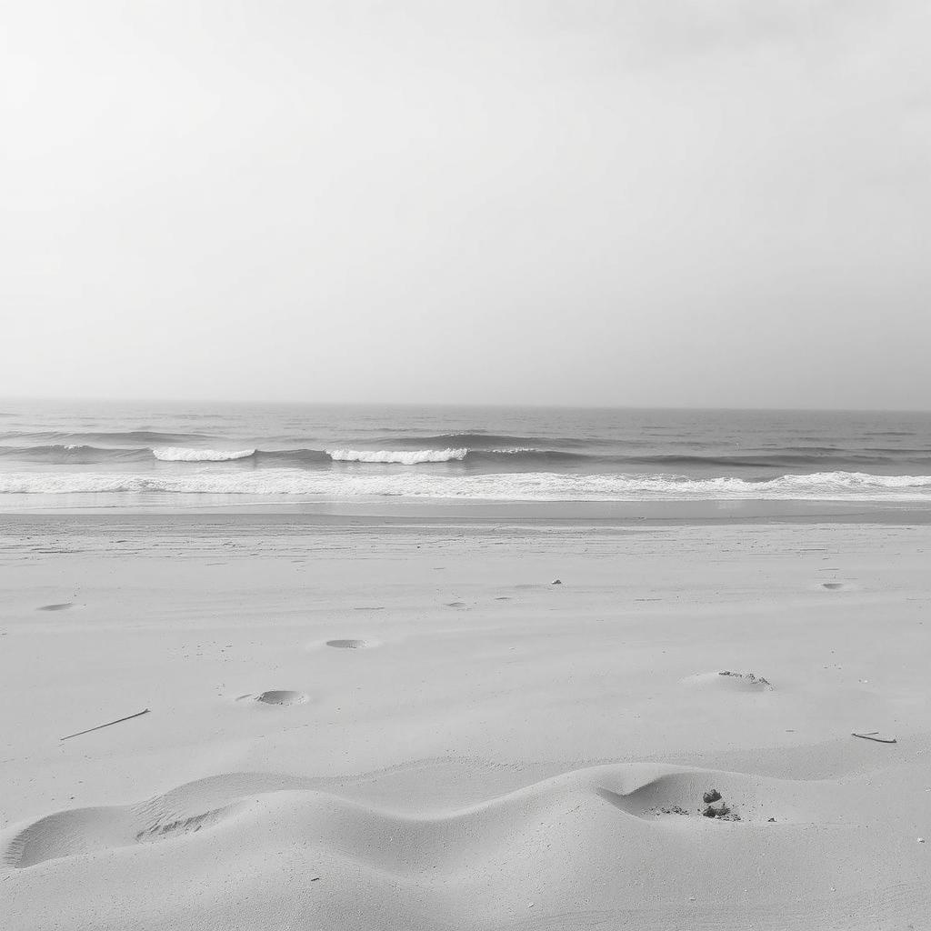 a desolate beach scene with colorless sand and ocean, an overcast sky without any color, creating a stark and artistic monochrome aesthetic, highlighting the textures of the sand and the patterns of the waves