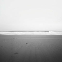 a desolate beach scene with colorless sand and ocean, an overcast sky without any color, creating a stark and artistic monochrome aesthetic, highlighting the textures of the sand and the patterns of the waves