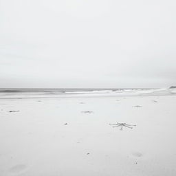 a desolate beach scene with colorless sand and ocean, an overcast sky without any color, creating a stark and artistic monochrome aesthetic, highlighting the textures of the sand and the patterns of the waves