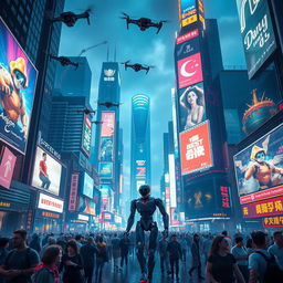 A dynamic and cinematic scene featuring a bustling futuristic cityscape at night, filled with glowing neon lights and flying cars zipping through the air