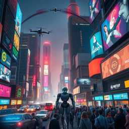 A dynamic and cinematic scene featuring a bustling futuristic cityscape at night, filled with glowing neon lights and flying cars zipping through the air