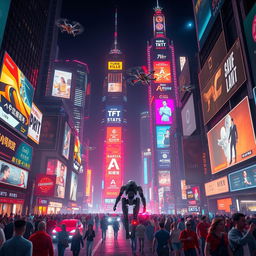 A dynamic and cinematic scene featuring a bustling futuristic cityscape at night, filled with glowing neon lights and flying cars zipping through the air