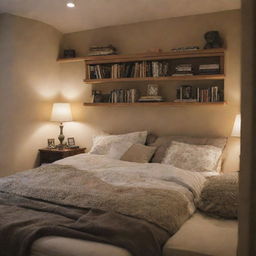 A small, cozy bedroom featuring a bed with a reading nook tucked beneath it, adorned with pillows, blankets, and dim lighting for an inviting look.