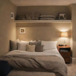 A small, cozy bedroom featuring a bed with a reading nook tucked beneath it, adorned with pillows, blankets, and dim lighting for an inviting look.