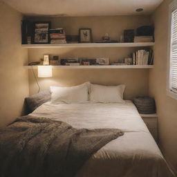 A small, cozy bedroom featuring a bed with a reading nook tucked beneath it, adorned with pillows, blankets, and dim lighting for an inviting look.