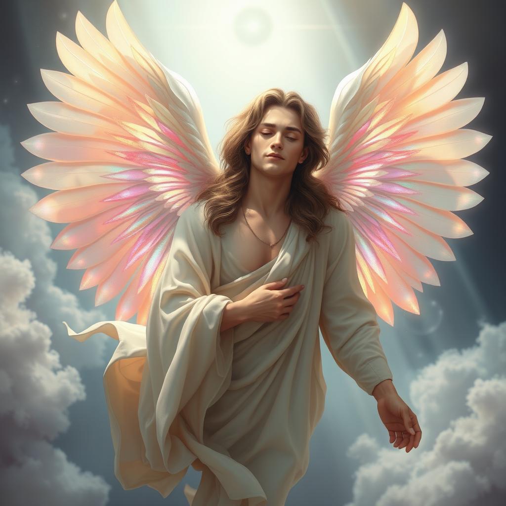 A mystical and ethereal figure named Abel, portrayed as an angelic being with large, radiant wings