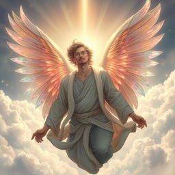 A mystical and ethereal figure named Abel, portrayed as an angelic being with large, radiant wings