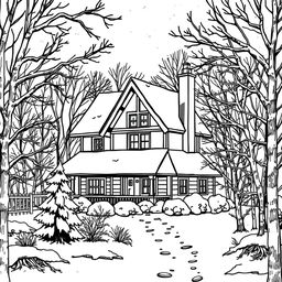 a house in the midst of winter surrounded by trees, depicted in a coloring book style, black and white, with snow covering the roofs and branches, creating a peaceful and serene atmosphere, intricate line art details