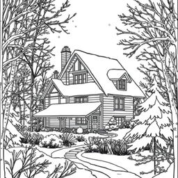 a house in the midst of winter surrounded by trees, depicted in a coloring book style, black and white, with snow covering the roofs and branches, creating a peaceful and serene atmosphere, intricate line art details