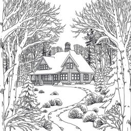 a house in the midst of winter surrounded by trees, depicted in a coloring book style, black and white, with snow covering the roofs and branches, creating a peaceful and serene atmosphere, intricate line art details