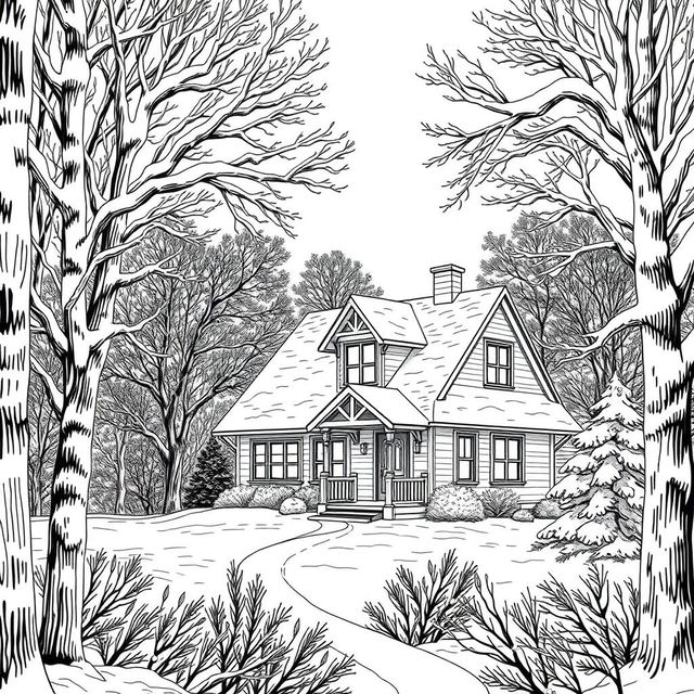 a house in the midst of winter surrounded by trees, depicted in a coloring book style, black and white, with snow covering the roofs and branches, creating a peaceful and serene atmosphere, intricate line art details