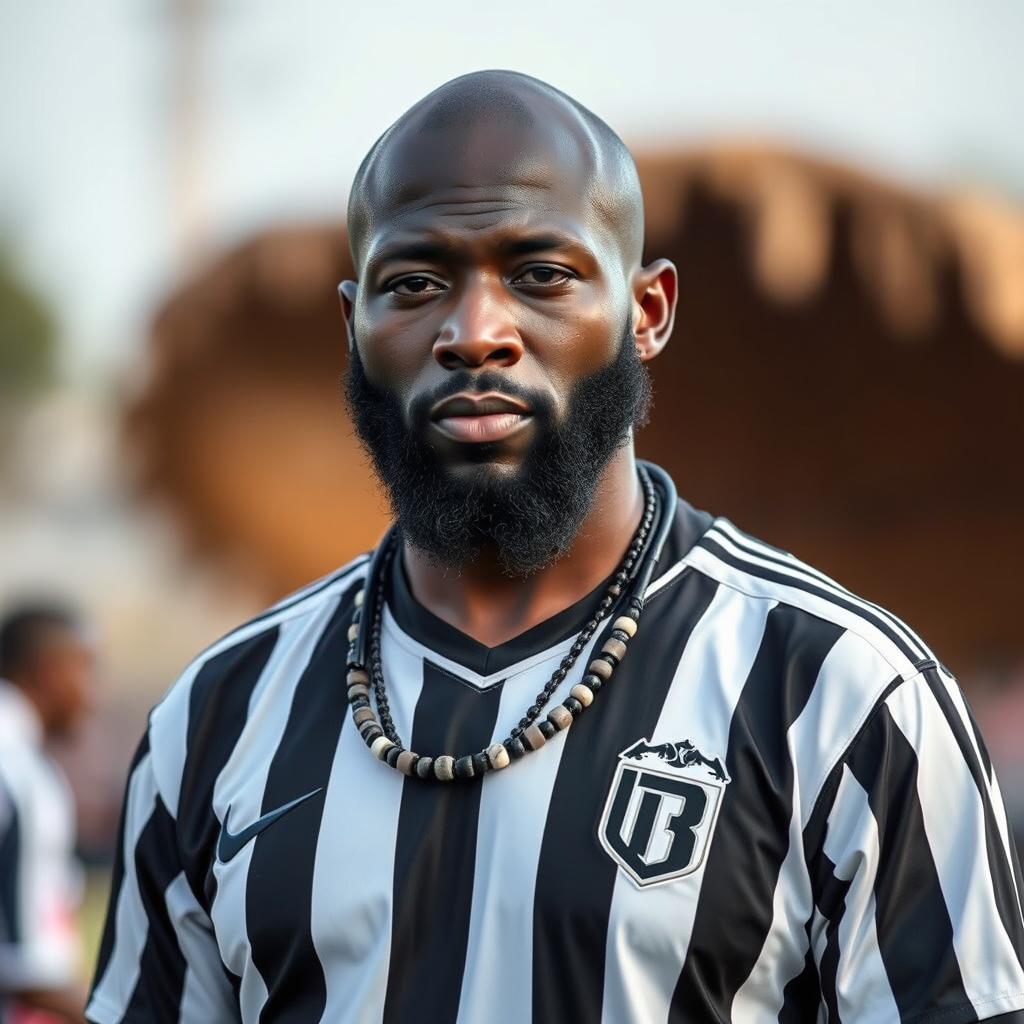 Arthur Masuaku as a tribal chief, wearing a black and white striped jersey