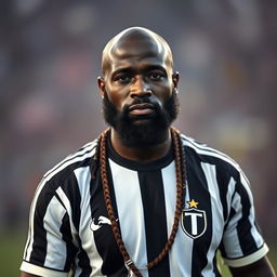 Arthur Masuaku as a tribal chief, wearing a black and white striped jersey