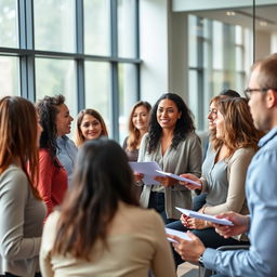 A diverse group of adults engaging in an assertive communication workshop