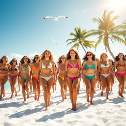 A beautiful beach scene filled with women in colorful bikinis walking in the same direction