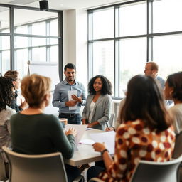 A diverse group of adults engaging in an assertive communication workshop