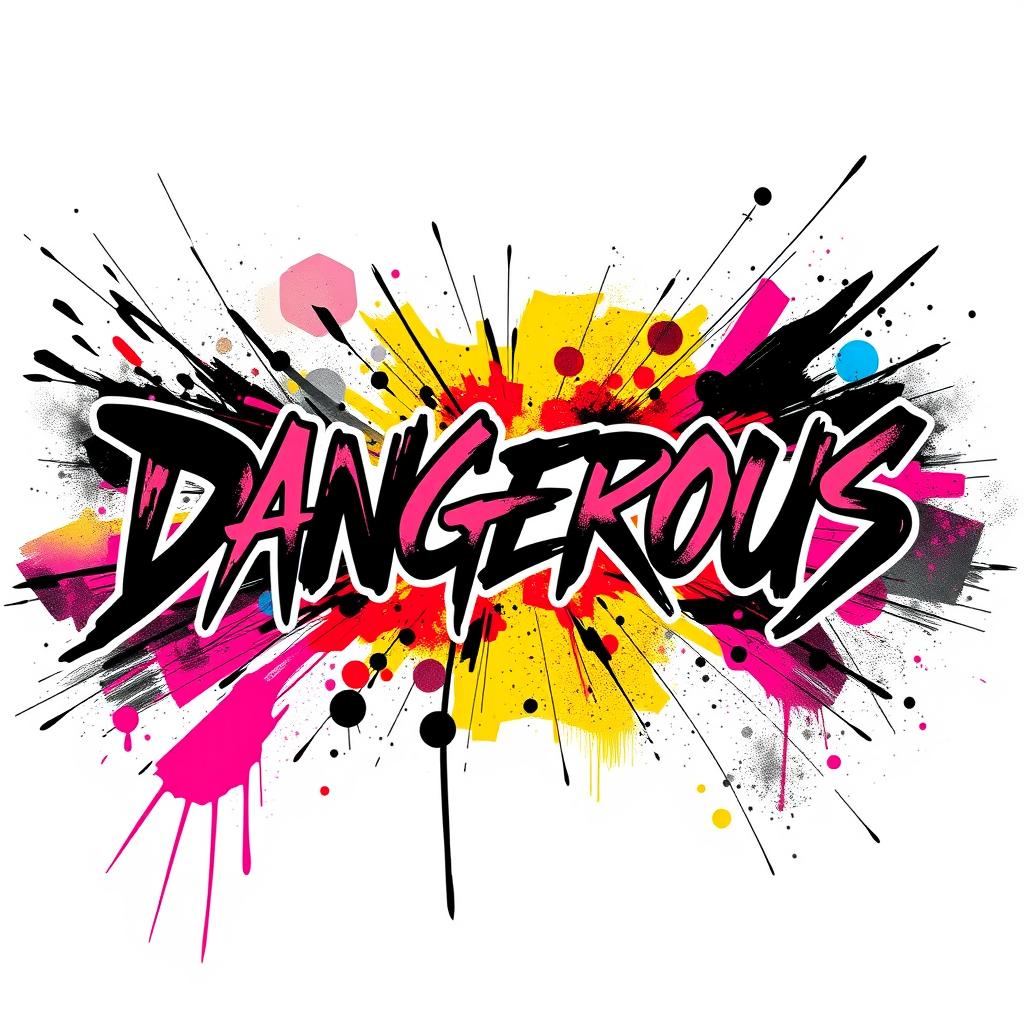 A dynamic design centered around the word "Dangerous," featuring bold, edgy typography surrounded by abstract elements like sharp angles, dark shadows, and vivid colors