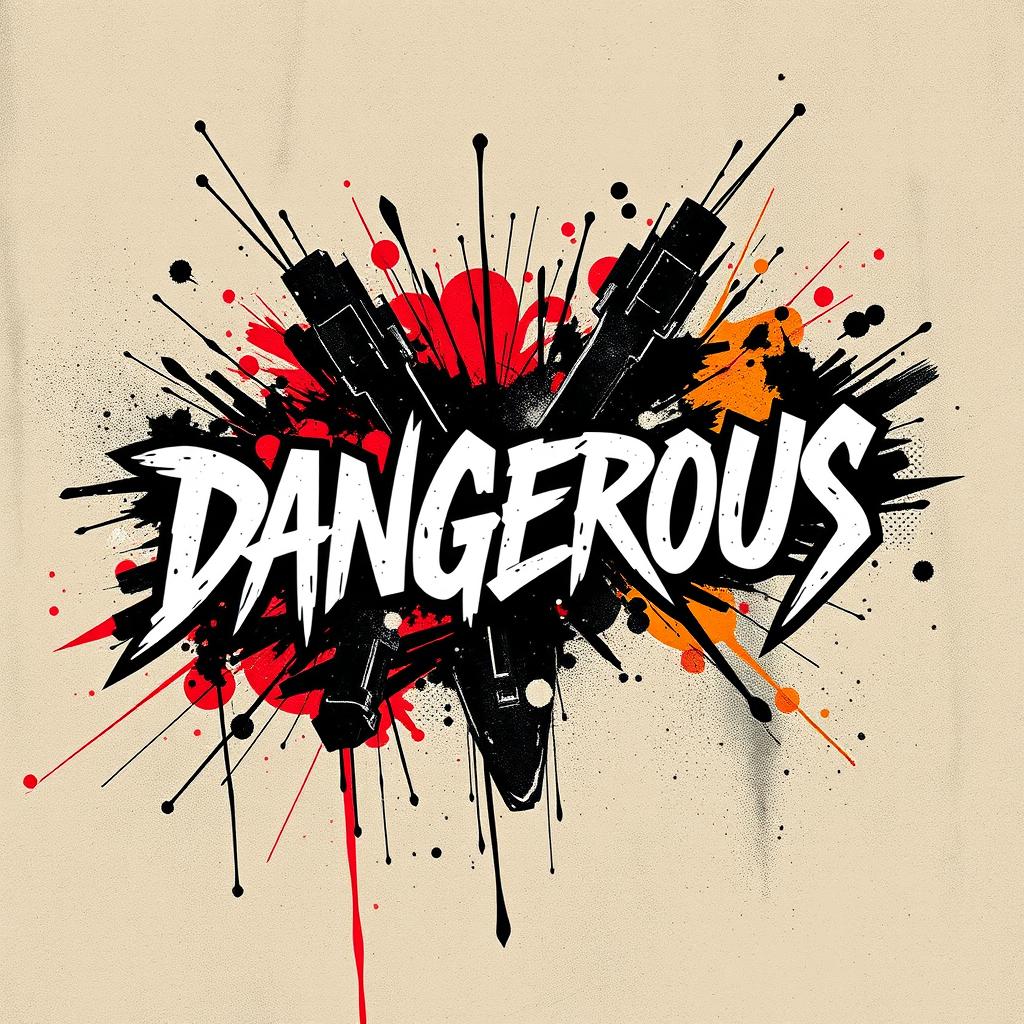 A dynamic design centered around the word "Dangerous," featuring bold, edgy typography surrounded by abstract elements like sharp angles, dark shadows, and vivid colors