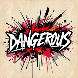 A dynamic design centered around the word "Dangerous," featuring bold, edgy typography surrounded by abstract elements like sharp angles, dark shadows, and vivid colors