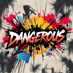 A dynamic design centered around the word "Dangerous," featuring bold, edgy typography surrounded by abstract elements like sharp angles, dark shadows, and vivid colors