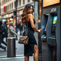 A busty woman using an ATM, wearing a stylish dress that accentuates her curves