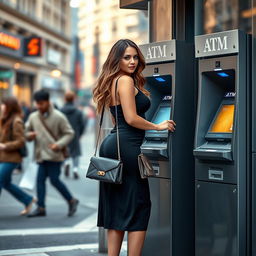 A busty woman using an ATM, wearing a stylish dress that accentuates her curves