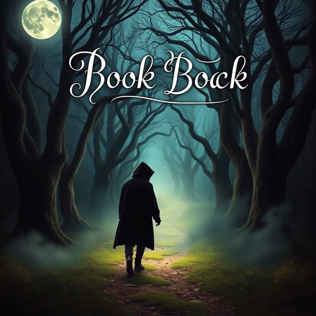 A captivating book cover design featuring a mystical forest with a serene moonlit path winding through ancient trees