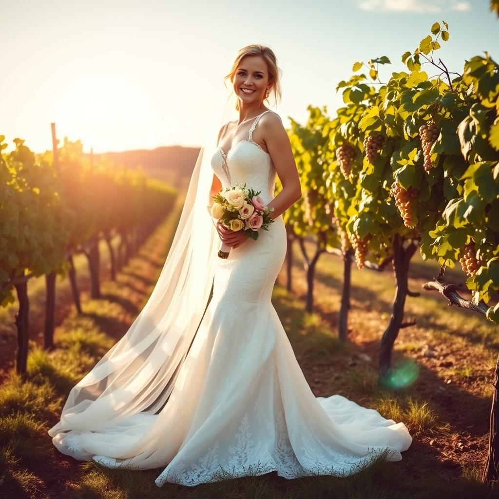 A beautiful bride standing gracefully in a picturesque vineyard on a sunny day