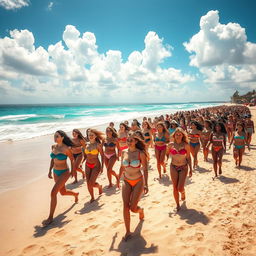 An expansive beach scene teeming with thousands of charismatic women in diverse, colorful bikinis, all moving in the same direction