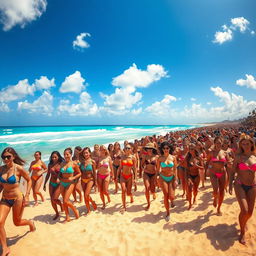 An expansive beach scene teeming with thousands of charismatic women in diverse, colorful bikinis, all moving in the same direction