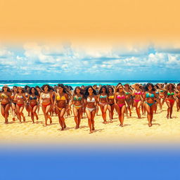 An expansive beach scene teeming with thousands of charismatic women in diverse, colorful bikinis, all moving in the same direction