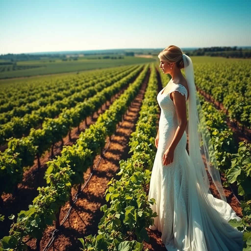 An aerial shot capturing a mesmerizing view of a vineyard on a sunny day, with a beautiful bride standing gracefully among the lush green vines