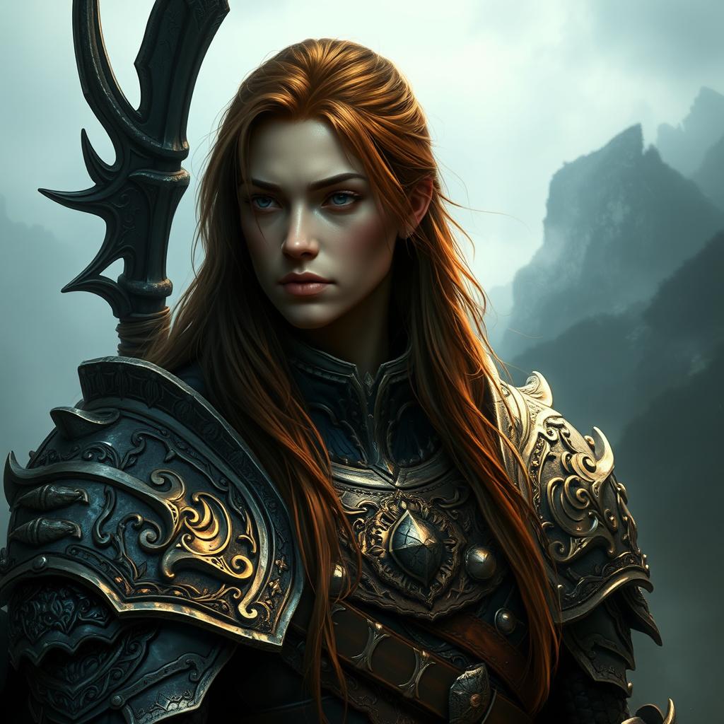 A mystical warrior portrait featuring a character with elaborate, intricately detailed armor